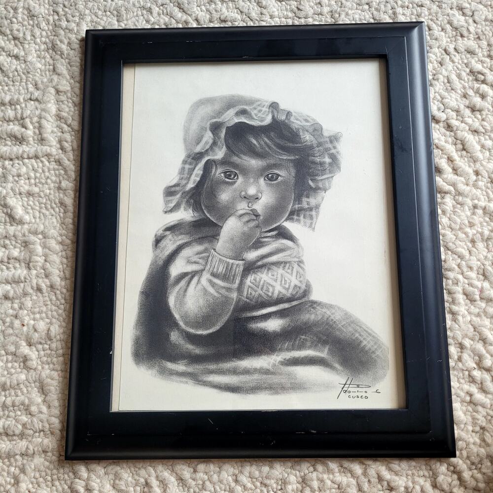 Pencil Sketch Portrait Little Girl Peru Cusco Signed